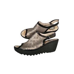 Fly London sz 39 Yile metallic and black wedge sandals sz 8.5 or 9